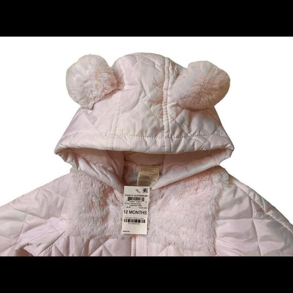 First Impressions Quilted Faux Fur Detachable Footed Hood Snowsuit Baby Pink 12M - Picture 2 of 8